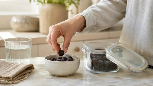 Bowl of mushroom gummies on a cozy kitchen countertop