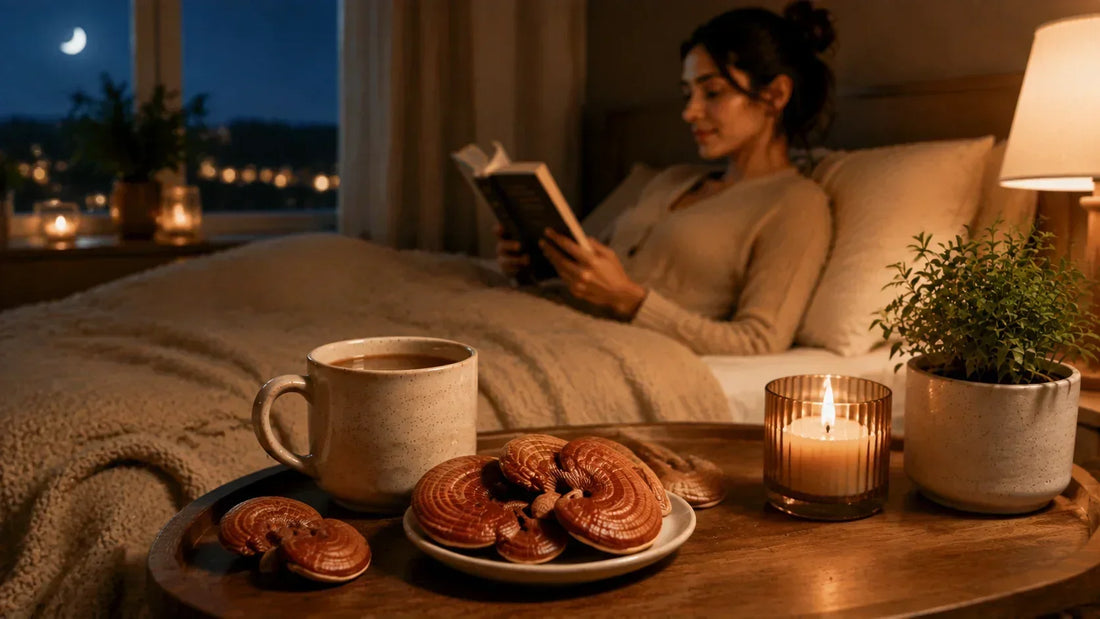 Woman enjoying tea during a relaxing evening routine with reishi mushrooms