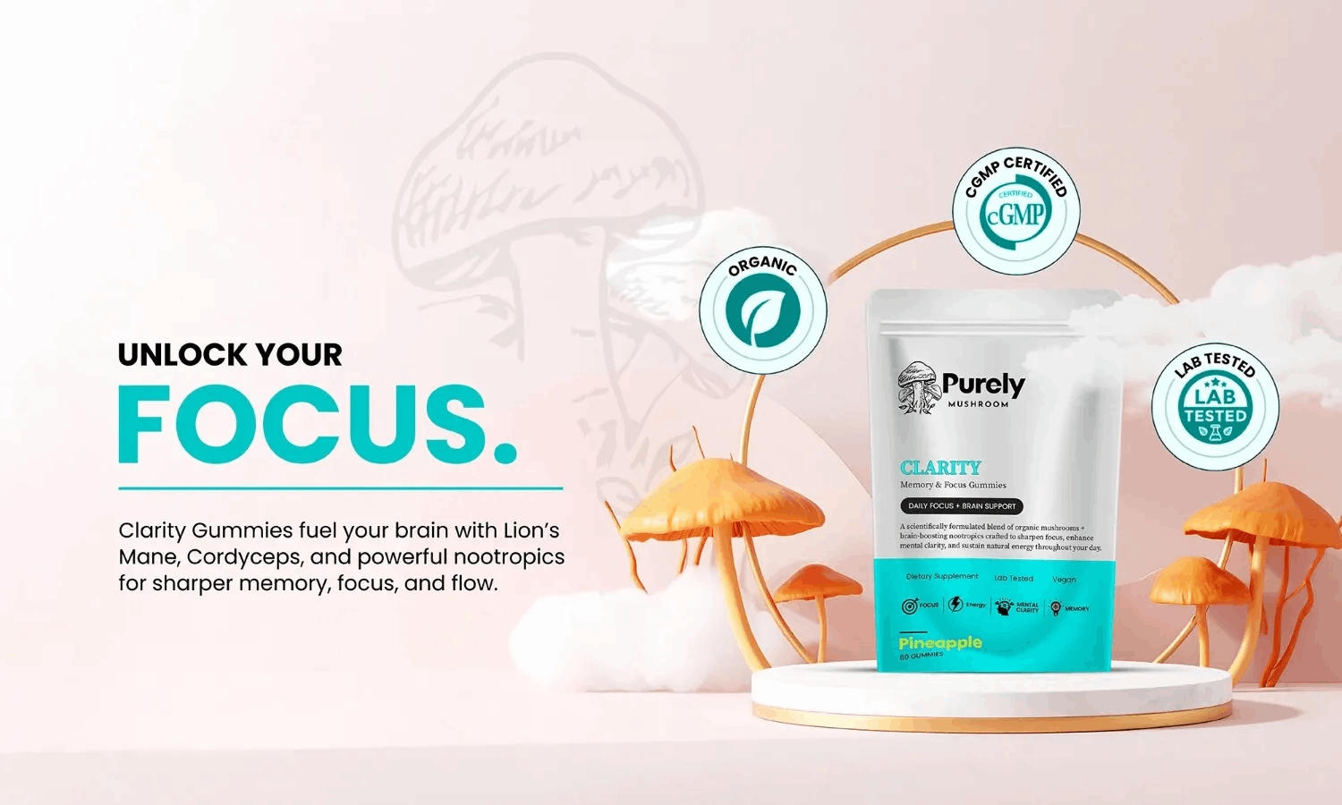 Purely Mushroom Clarity Gummies Banner