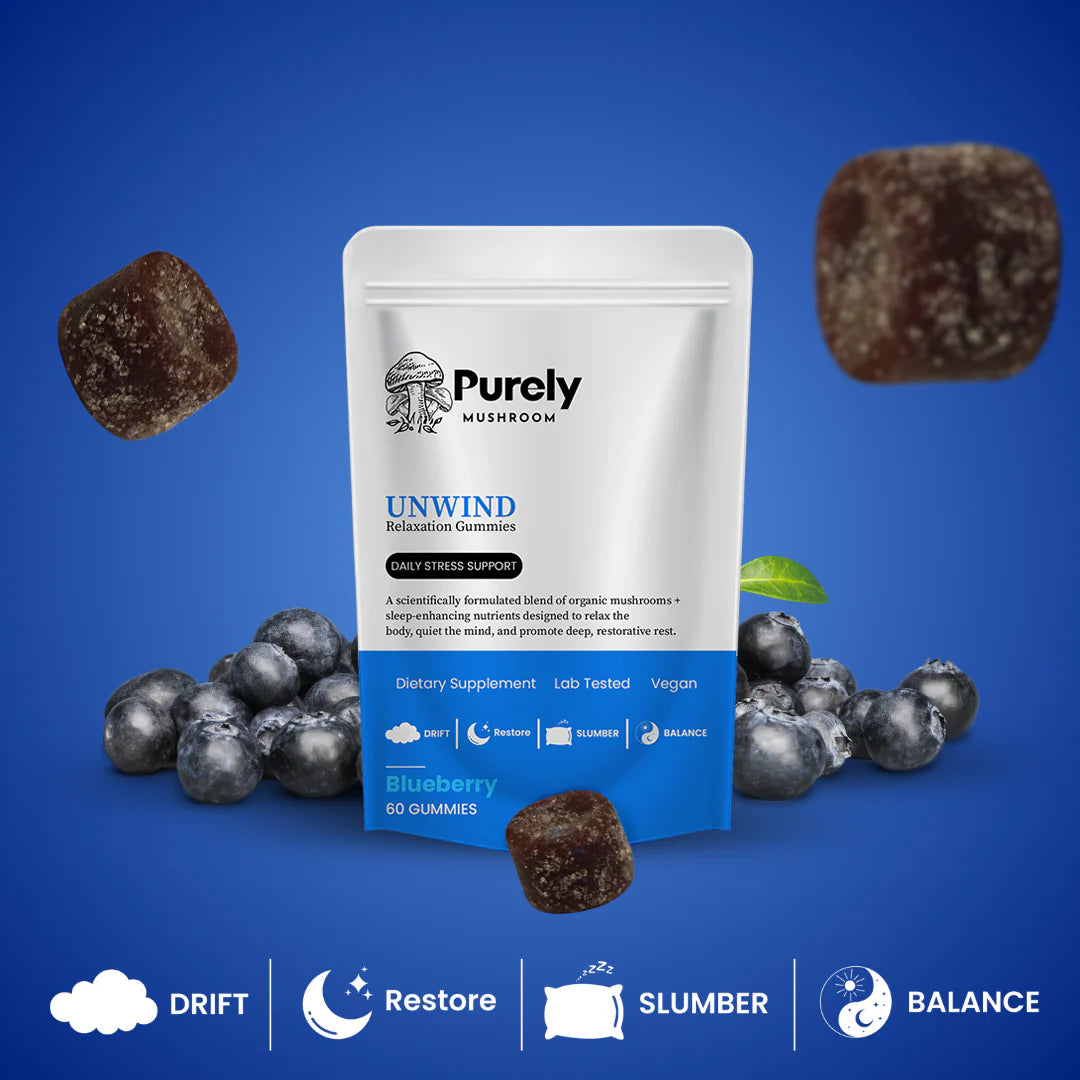 Purely Mushroom Unwind Relaxation Daily Stress Support Blueberry Gummies