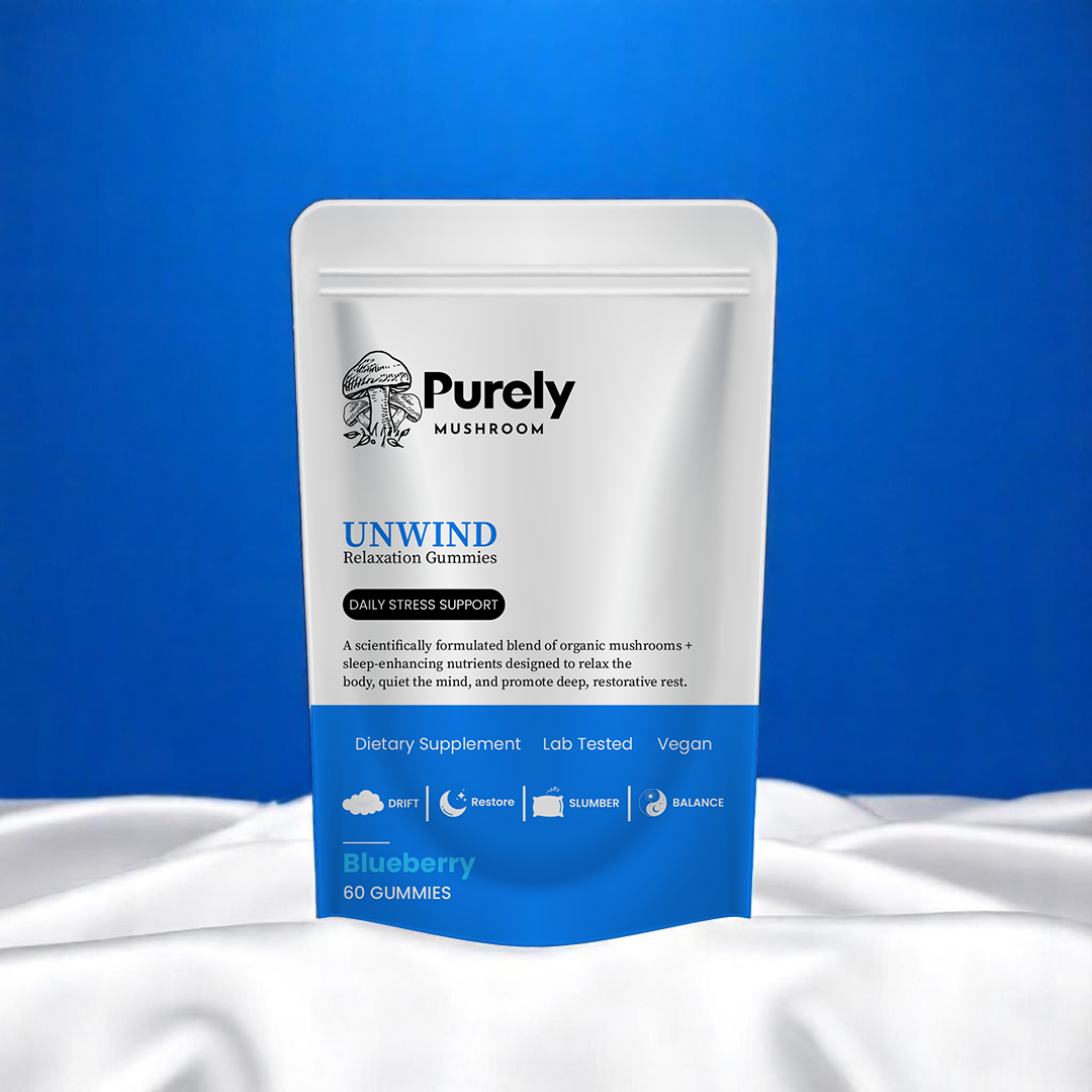 Purely Mushroom Unwind Relaxation Blueberry Gummies Front View